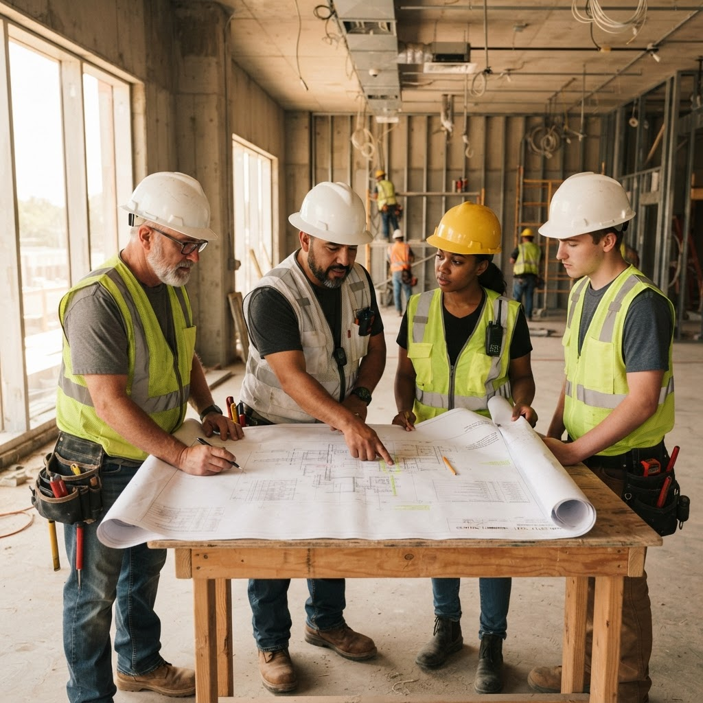 Fowler Electrical team reviewing project plans on a commercial job site