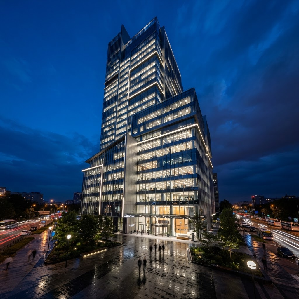 Commercial office building exterior lit at night